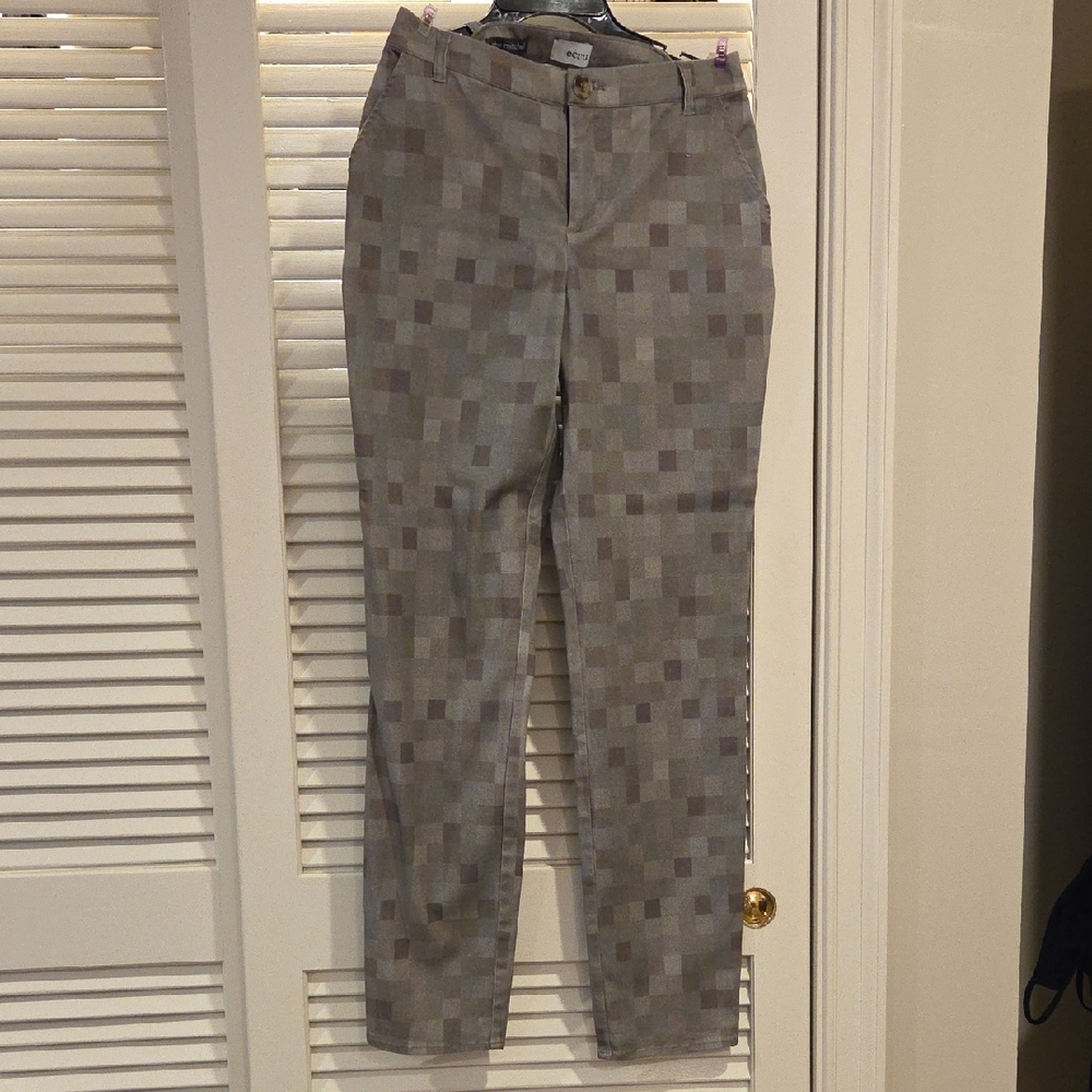 Ecru Checkered Straight Leg Pants